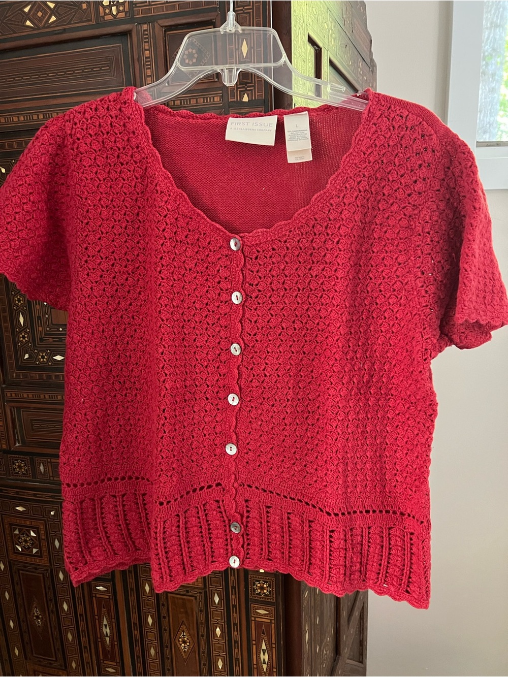 Liz Claiborne Hot Pink Crochet Short-Sleeve Button-Front Cardigan